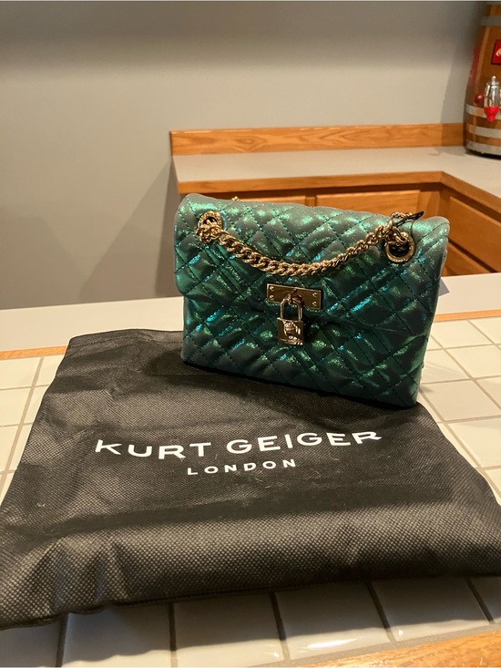 Kurt Geiger Handbags - Kurt Geiger Mini Brixton  Metallic Teal Quilted Shoulder Bag with Gold Chain